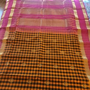 Vibrant Orangish Yellow &Black Checks Pure Katan Silk Sari With Pink Border& BP